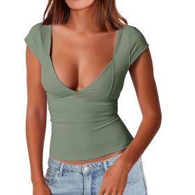 Trendy Queen Womens Sexy Deep V-Neck Backless Tops (Color: Green, size: XL)